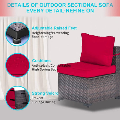 Gotland Outdoor Patio Furniture Set 8 Pieces Rattan Wicker Sectional Sofa with 43.3" Gas Fire Pit Table,Red