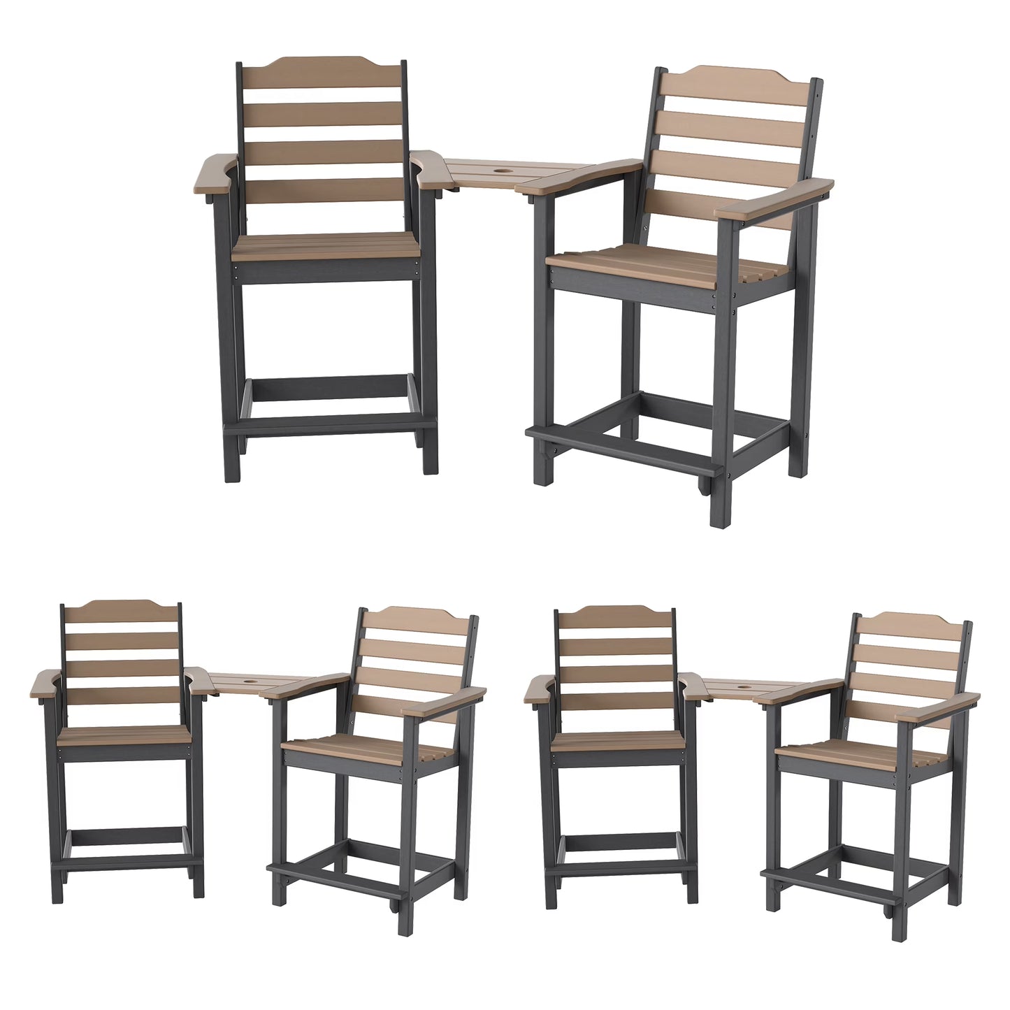 Decksplore Tall Adirondack Chairs Set of 6 with Detachable Connecting Tray, HDPE Bar Height Outdoor Chairs, Wood-Like Adirondack Bar Stools for Patio, Balcony, Porch, Black brown
