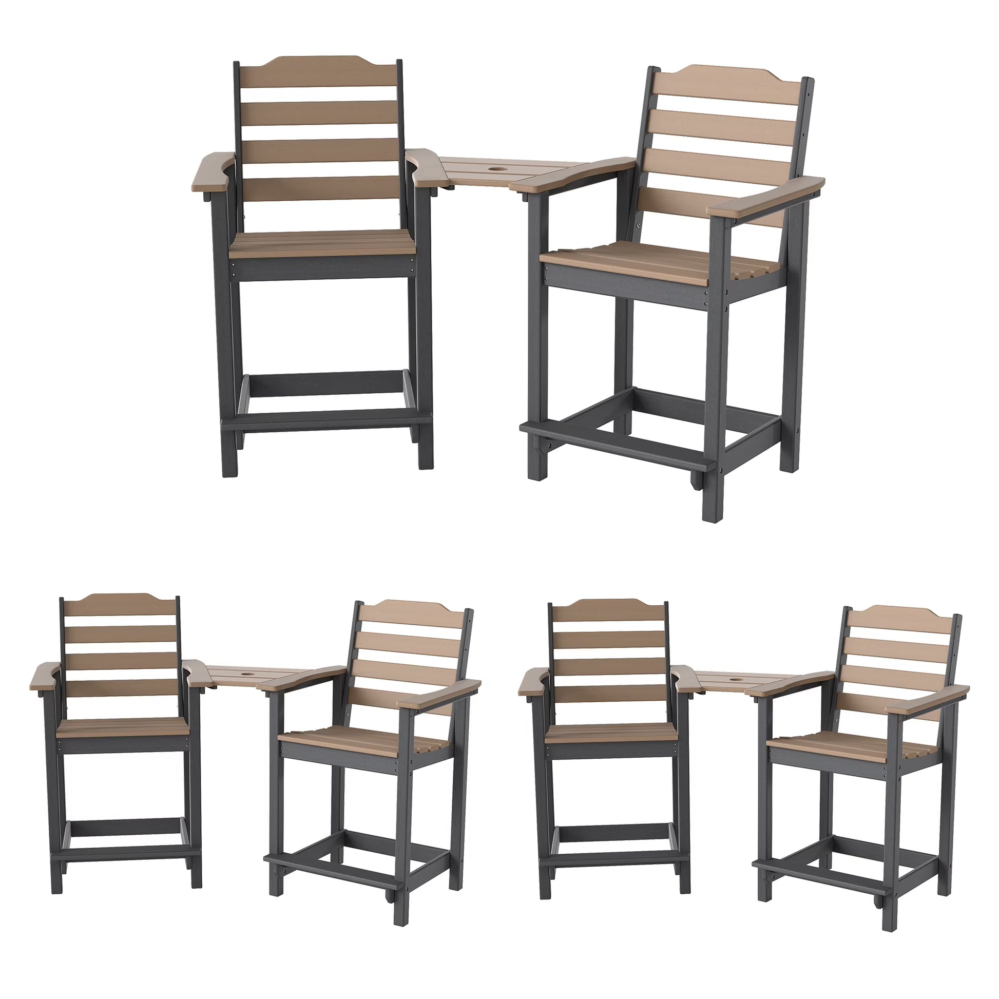 Decksplore Tall Adirondack Chairs Set of 6 with Detachable Connecting Tray, HDPE Bar Height Outdoor Chairs, Wood-Like Adirondack Bar Stools for Patio, Balcony, Porch, Black brown