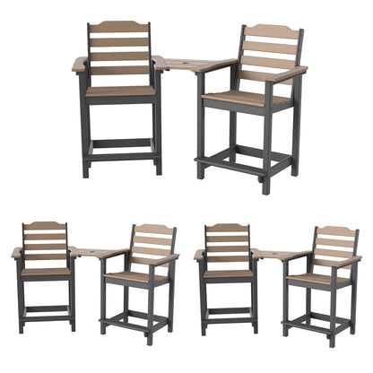Decksplore Tall Adirondack Chairs Set of 6 with Detachable Connecting Tray, HDPE Bar Height Outdoor Chairs, Wood-Like Adirondack Bar Stools for Patio, Balcony, Porch, Black brown