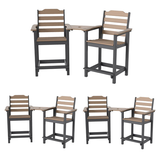 Decksplore Tall Adirondack Chairs Set of 6 with Detachable Connecting Tray, HDPE Bar Height Outdoor Chairs, Wood-Like Adirondack Bar Stools for Patio, Balcony, Porch, Black brown