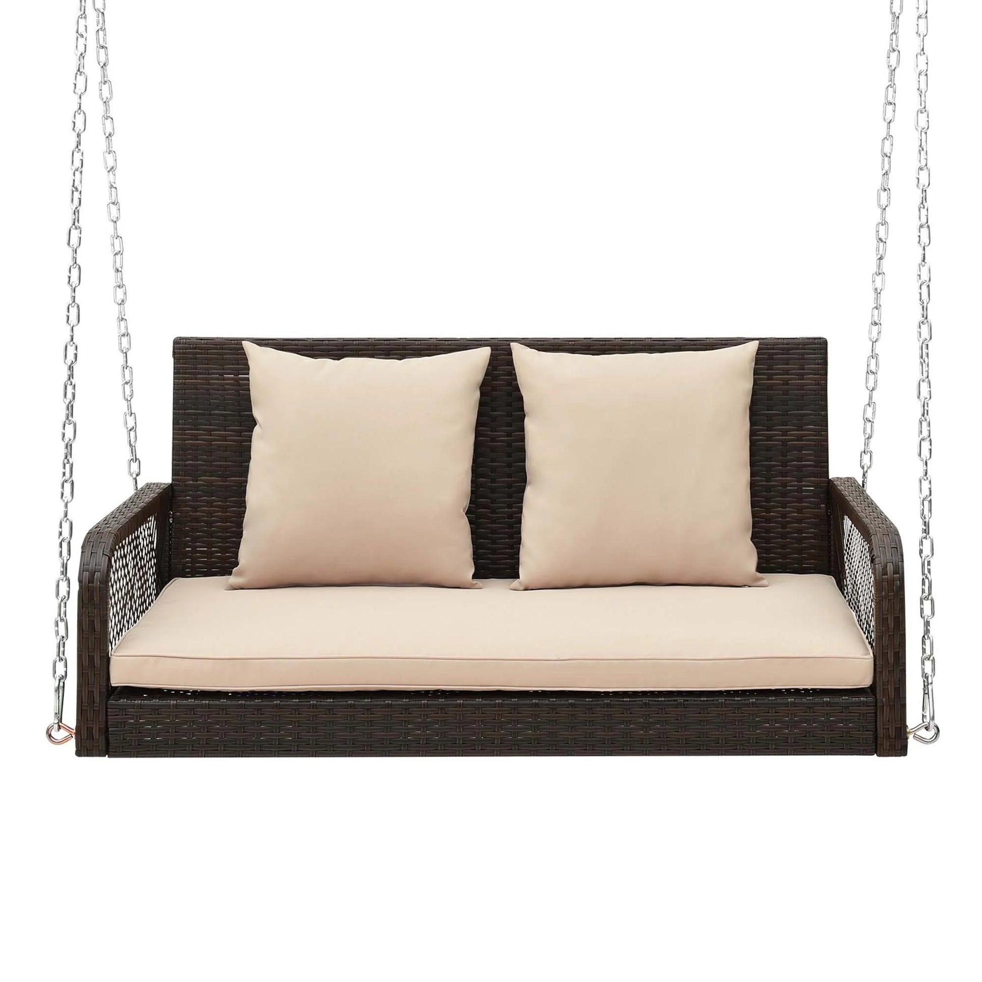 Costway Patio Wicker Porch Swing 2-Person Hanging Loveseat Bench Chair with Cushions Beige
