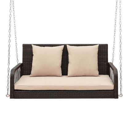 Costway Patio Wicker Porch Swing 2-Person Hanging Loveseat Bench Chair with Cushions Beige