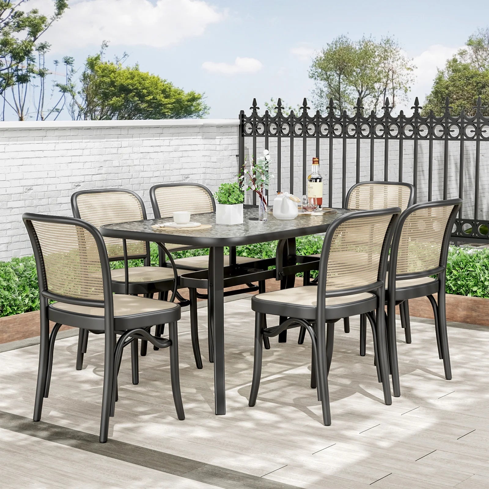 Pirecart Outdoor Glass Table with Umbrella Hole, Patio Dining Table for 6, for Garden, Balcony, Backyard, Poolside, Lawn, Gray