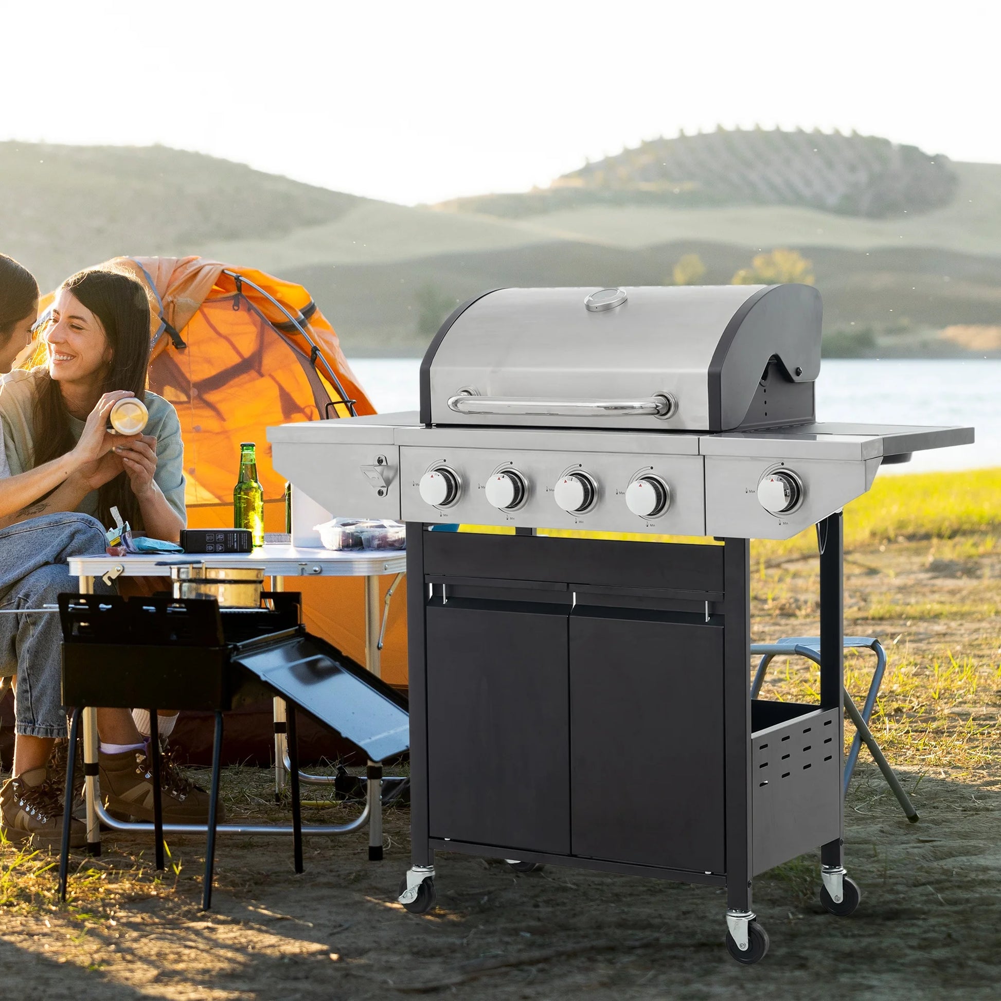 Decksplore 5 Burners Propane Gas Grill with Side Burner, Outdoor BBQ Grill Gas with Porcelain-Enameled Cast Iron Grates, Stainless Steel Camping Barbecue Grill for Patio, Garden, 47000 BTU
