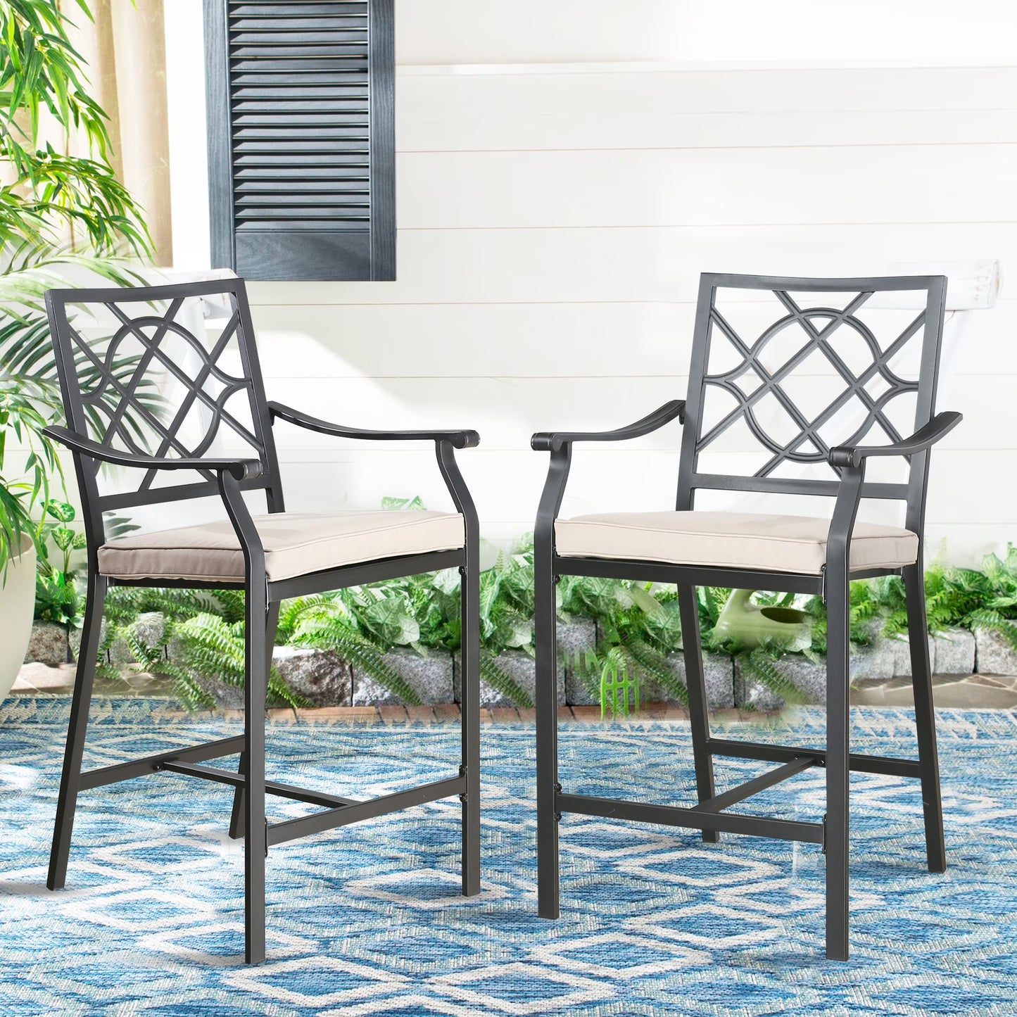 Ulax Furniture Outdoor Bar Stools Metal Patio Counter Height Bar Stool Chairs with Beige Cushion, Set of 2