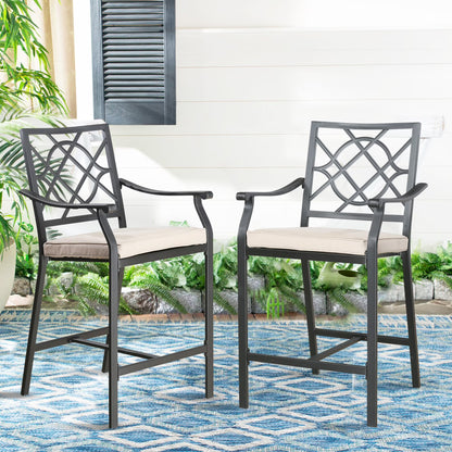 Ulax Furniture Outdoor Bar Stools Metal Patio Counter Height Bar Stool Chairs with Beige Cushion, Set of 2