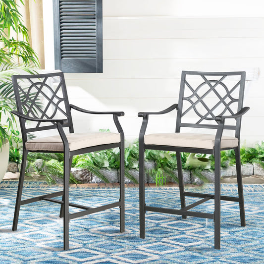 Ulax Furniture Outdoor Bar Stools Metal Patio Counter Height Bar Stool Chairs with Beige Cushion, Set of 2