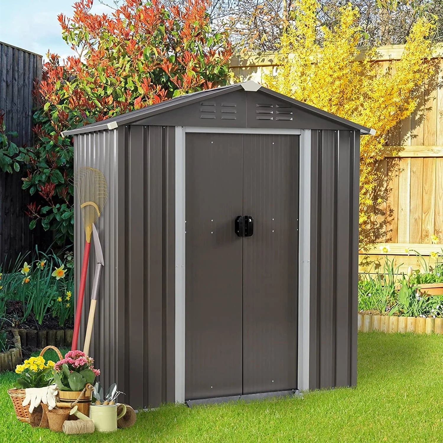 Sobaniilo 5'x 3'x 6' FT Outdoor Storage Metal Shed with Lockable Door, Tools Storage Shed Clearance, Outdoor House for Backyard Patio, Lawn and Garden, Gray