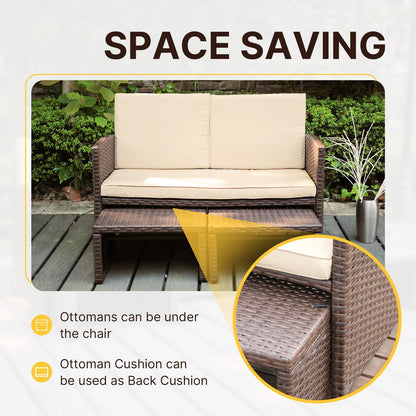 OC Orange-Casual 3 Piece Outdoor Loveseat, Patio Furniture Set, with Ottoman/Side Table, Brown Rattan, Beige Cushion