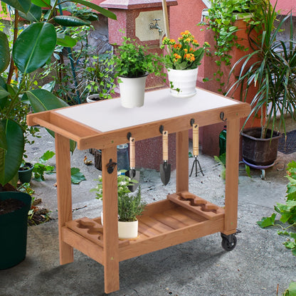 Outdoor Wooden Cart Table With Wheels Metal Top And Storage Hook For Patio Backyard Garden Offering Both Charm And Heat Resistance