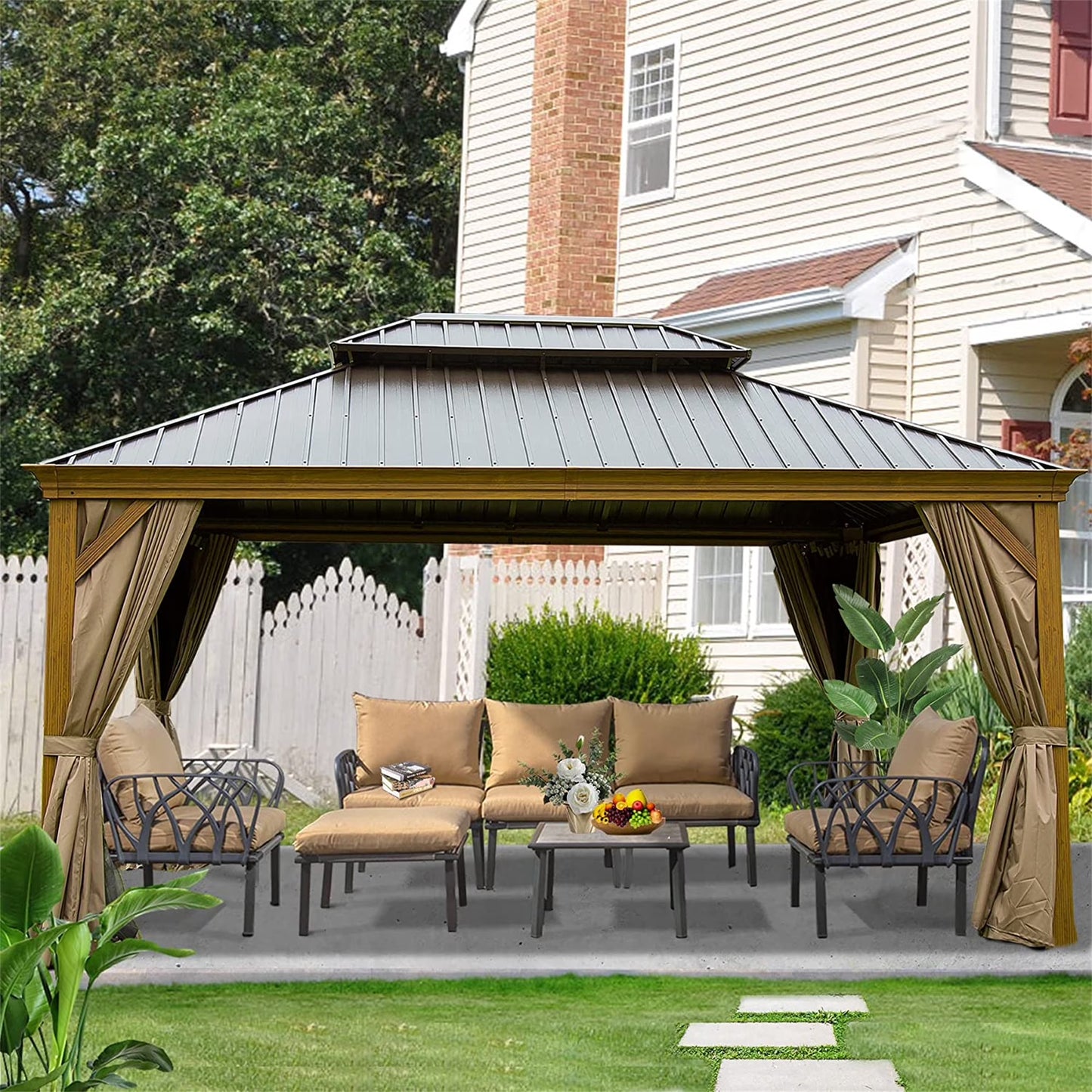 Mondawe 12x20ft Hardtop Gazebo, Galvanized Steel Gable Roof Gazebo Pergola with Wood Grain Aluminum Frame, Outdoor Permanent Gazebo Pavilion for Patio, Garden (Yellow Brown)