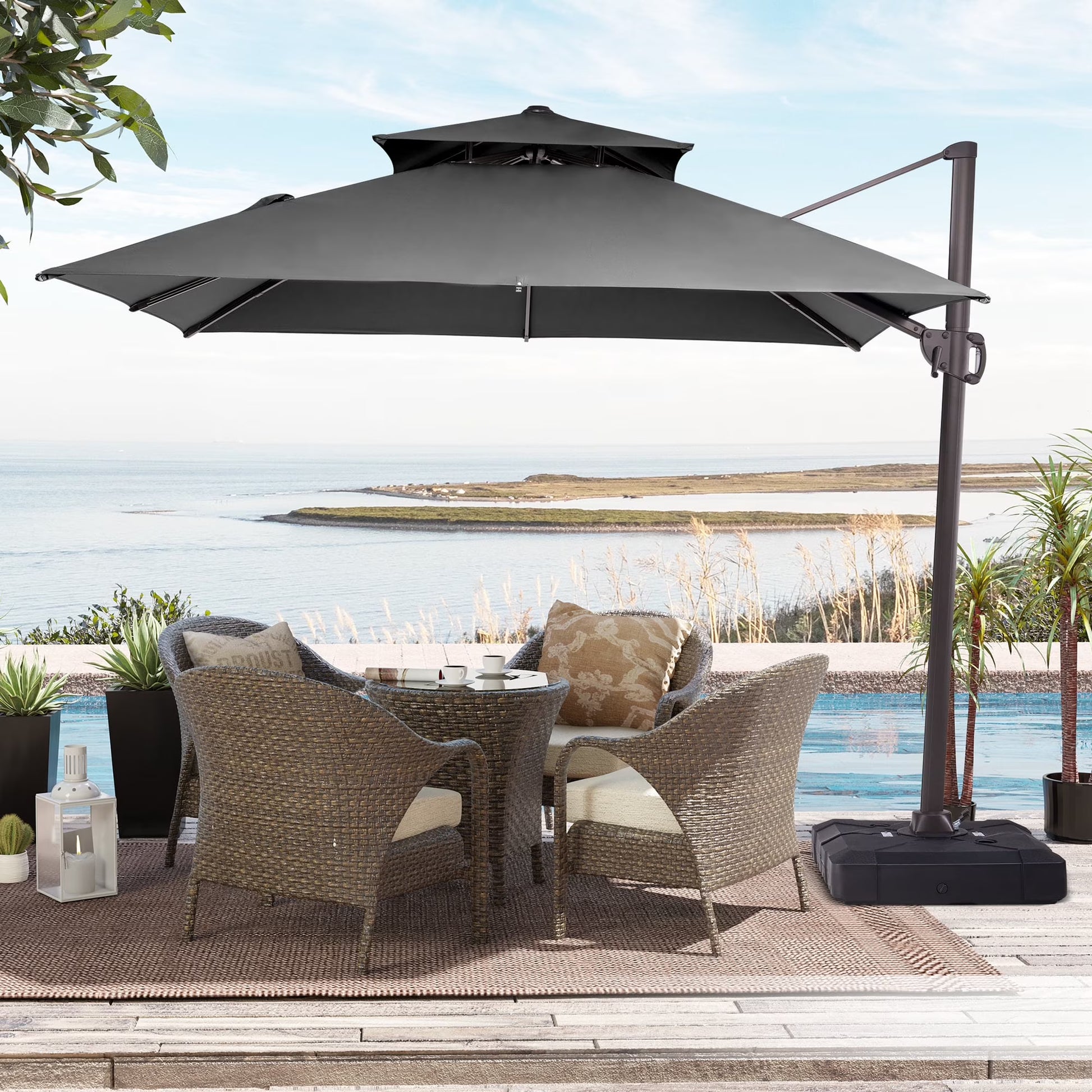 Pellebant 10 ft. x 10 ft. Square Double Top Patio Cantilever Umbrella, Navy Blue