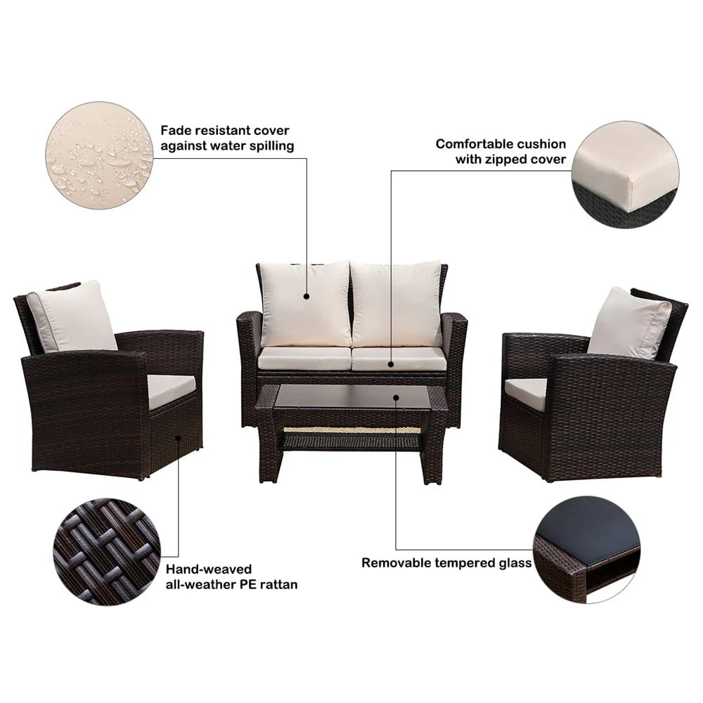Superjoe Outdoor Patio Furniture Set 4 Pcs Wicker Sectional Conversation Sofa Steel Frame Rattan Couch with Coffee Table on Sale, Brown Rattan Beige Cushion