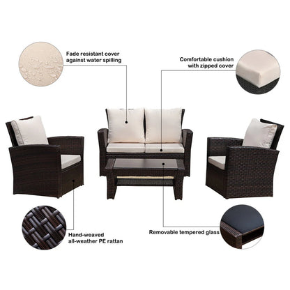 Superjoe Outdoor Patio Furniture Set 4 Pcs Wicker Sectional Conversation Sofa Steel Frame Rattan Couch with Coffee Table on Sale, Brown Rattan Beige Cushion
