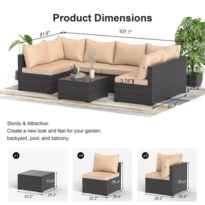 Phonjoroo Patio Furniture Set 7 Pieces Outdoor Patio Furniture Wicker Sectional Furniture Sofa Conversation Sets with Cushions All Weather Outside Patio Seating (Khaki)