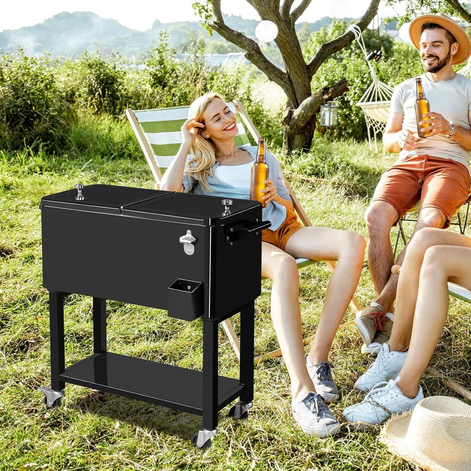 Large 80 Quart Portable Rolling Cooler with Lockable Lid, Features Catch Basin, Utility Tray, and Bottle Opener for Patio, Parties, Boating, and Vacation