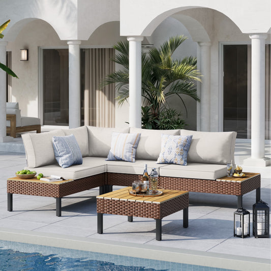 MRUAKA L Shaped Conversation Sectional Sofa Set with Coffee Table, 5 Pieces Patio Furniture Seating Group with Side Table for Backyard Garden, Beige Grey