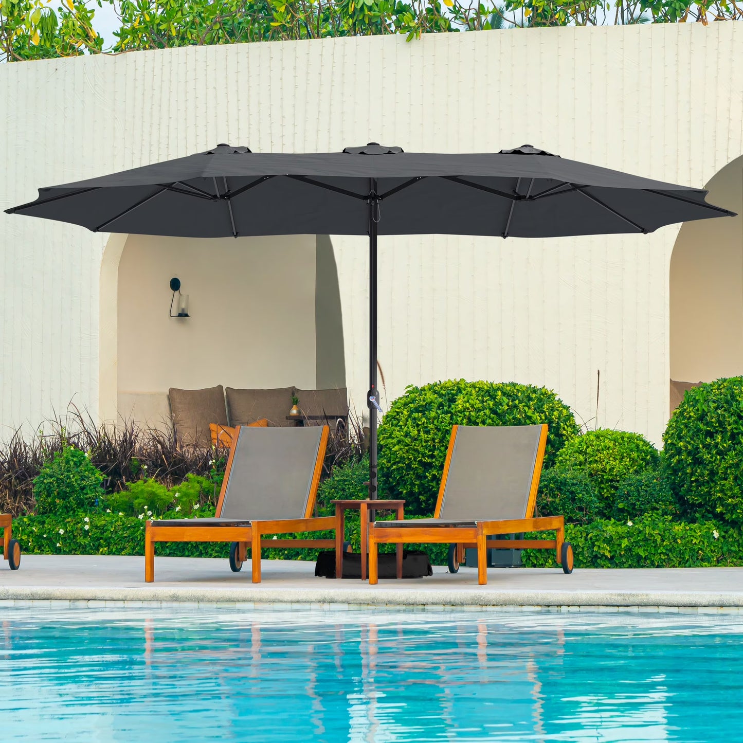 Mondawe 15ft Patio Umbrella Rectangular Outdoor Market Umbrella with Base and LED Lights Beige