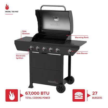 Nexgrill 3-Burner Propane Gas Grill with Side Tables, 27,000BTUs, Stainless Steel Lid, Spacious 429 SQ. In. Cooking Space, BBQ Grill for Outdoor Cooking, Patios, Parties, and More - 720-1012
