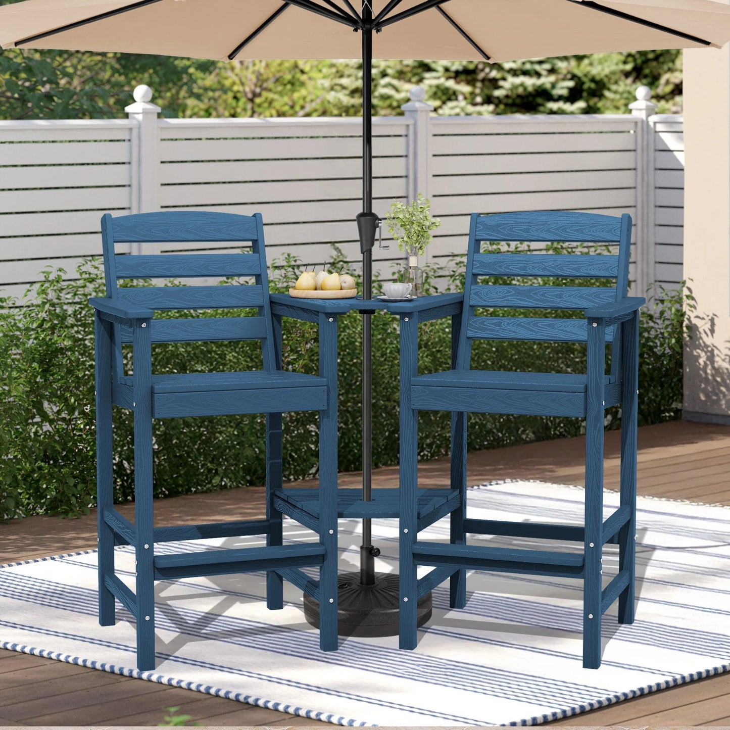 JUSTLET Tall Adirondack Chair Set of 2 with Double Connecting Tray, HDPE Outdoor Weather Resistant Patio Bar Stools for Patio, Balcony, Porch, Navy Blue