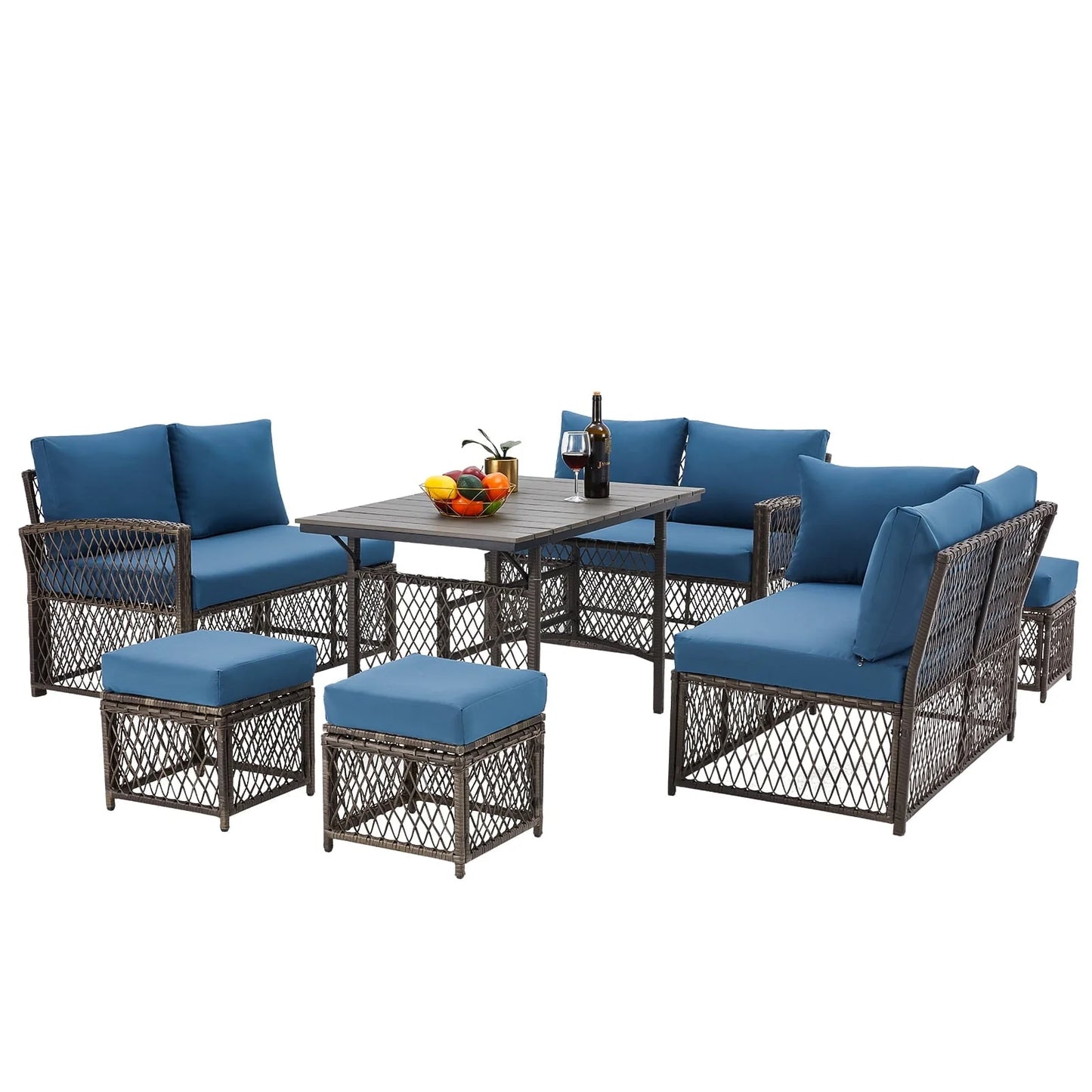 AECOJOY Outdoor Furniture Set, 7-Piece Rattan Wicker Sectional Sofa Couch, Patio Conversation Set with Dining Table & Chair in Navy