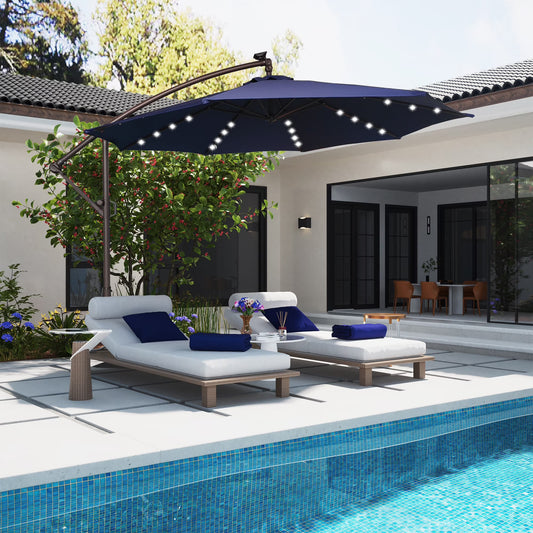 Mondawe 10ft Solar Lights Offset Cantilever Patio Umbrella - with Light, LED Lighted Offset Hanging Patio Outdoor Market Umbrella UPF50+ UV Protection with Crank,Navy Blue