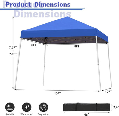 Canopy Tent, 10X10 FT Pop Up Canopy Outdoor Instant Tent Slant Legs with Carrying Bag, Portable Gazebo Shelter for Patio Deck Garden and Beach - 8X8 FT Canopy Cover (Blue)