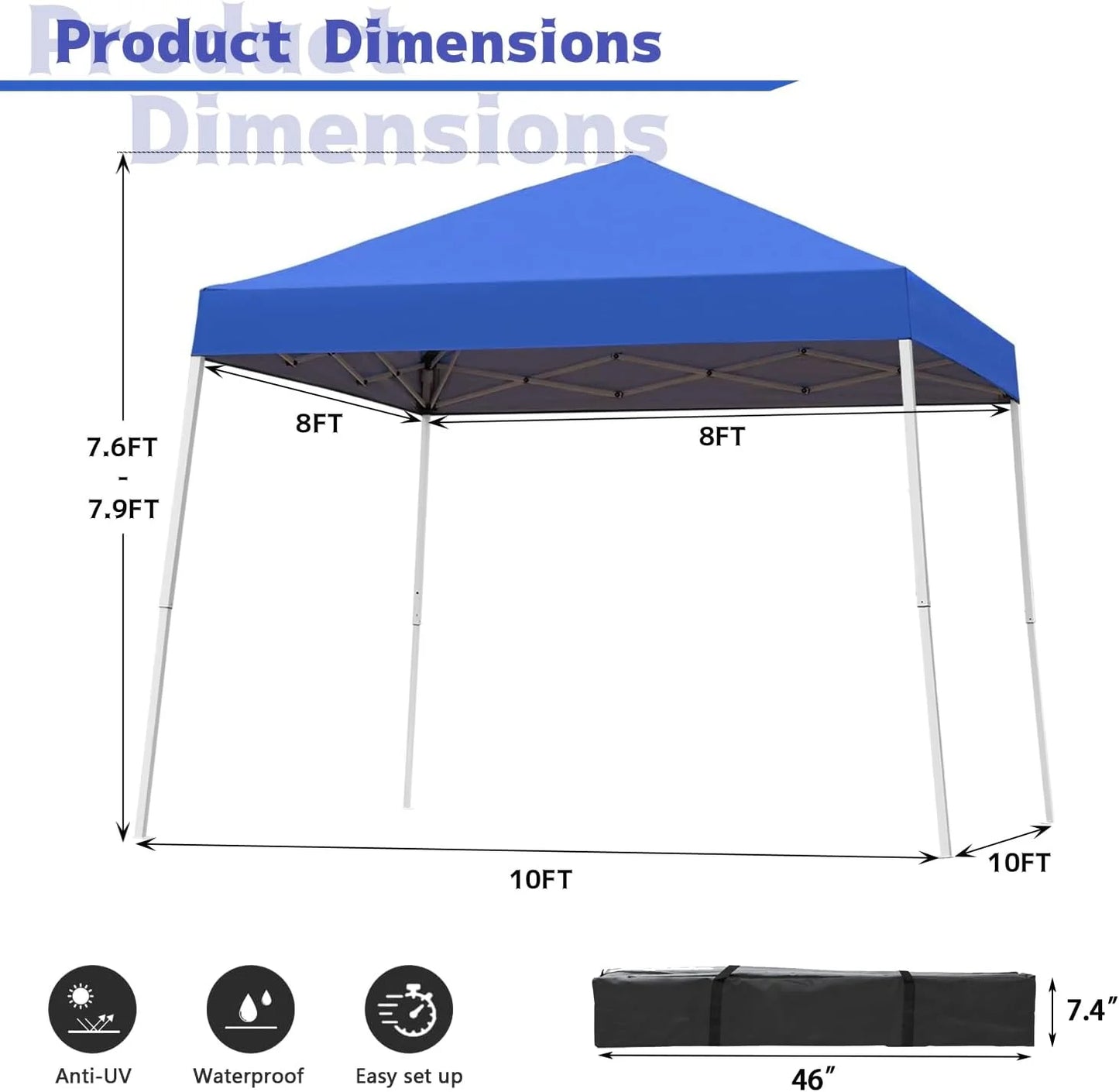 Canopy Tent, 10X10 FT Pop Up Canopy Outdoor Instant Tent Slant Legs with Carrying Bag, Portable Gazebo Shelter for Patio Deck Garden and Beach - 8X8 FT Canopy Cover (Dark Blue)