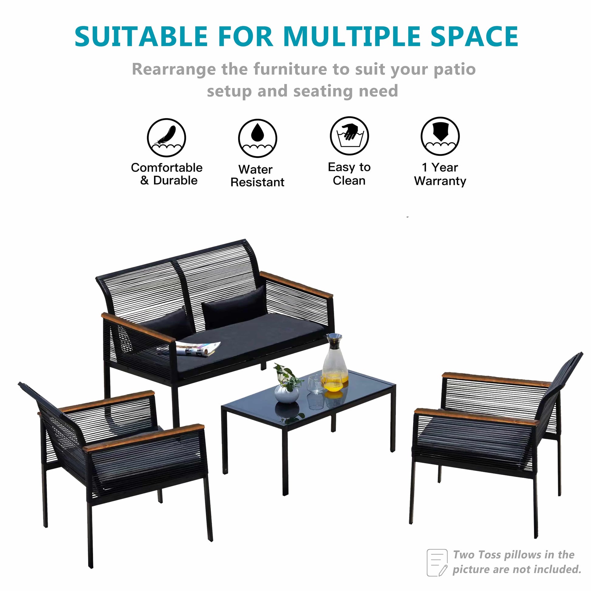 SUNTONE Patio Furniture Sofa Set - 4 Piece All Weather Wicker Outdoor Conversation Set, Rattan Chairs and Table, Black