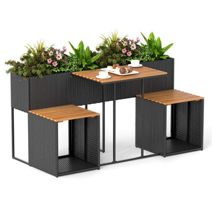 SUREGO Patio Furniture Set with Raised Garden Bed, PE Rattan Garden Planter Table with Built-in Chairs and Storage Space, Acacia Wood Outdoor Conversation Set with Sturdy Metal Frame