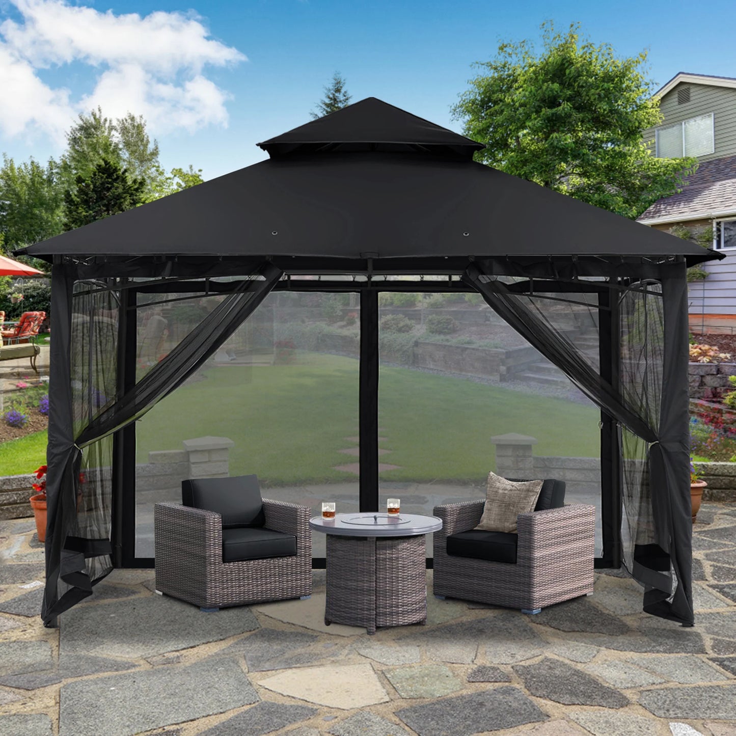 MASTERCANOPY 9' x 9' Outdoor Patio Gazebo Double Roof Steel Frame with Mesh Walls, Black
