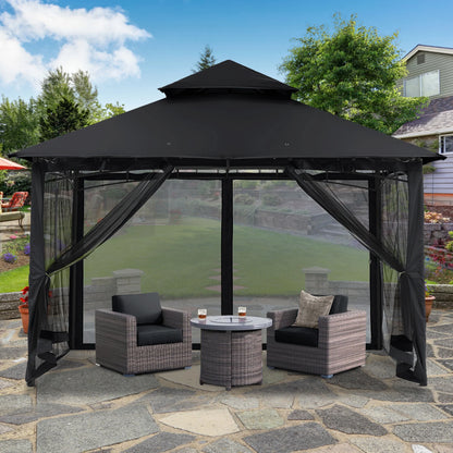 MASTERCANOPY 9' x 9' Outdoor Patio Gazebo Double Roof Steel Frame with Mesh Walls, Black