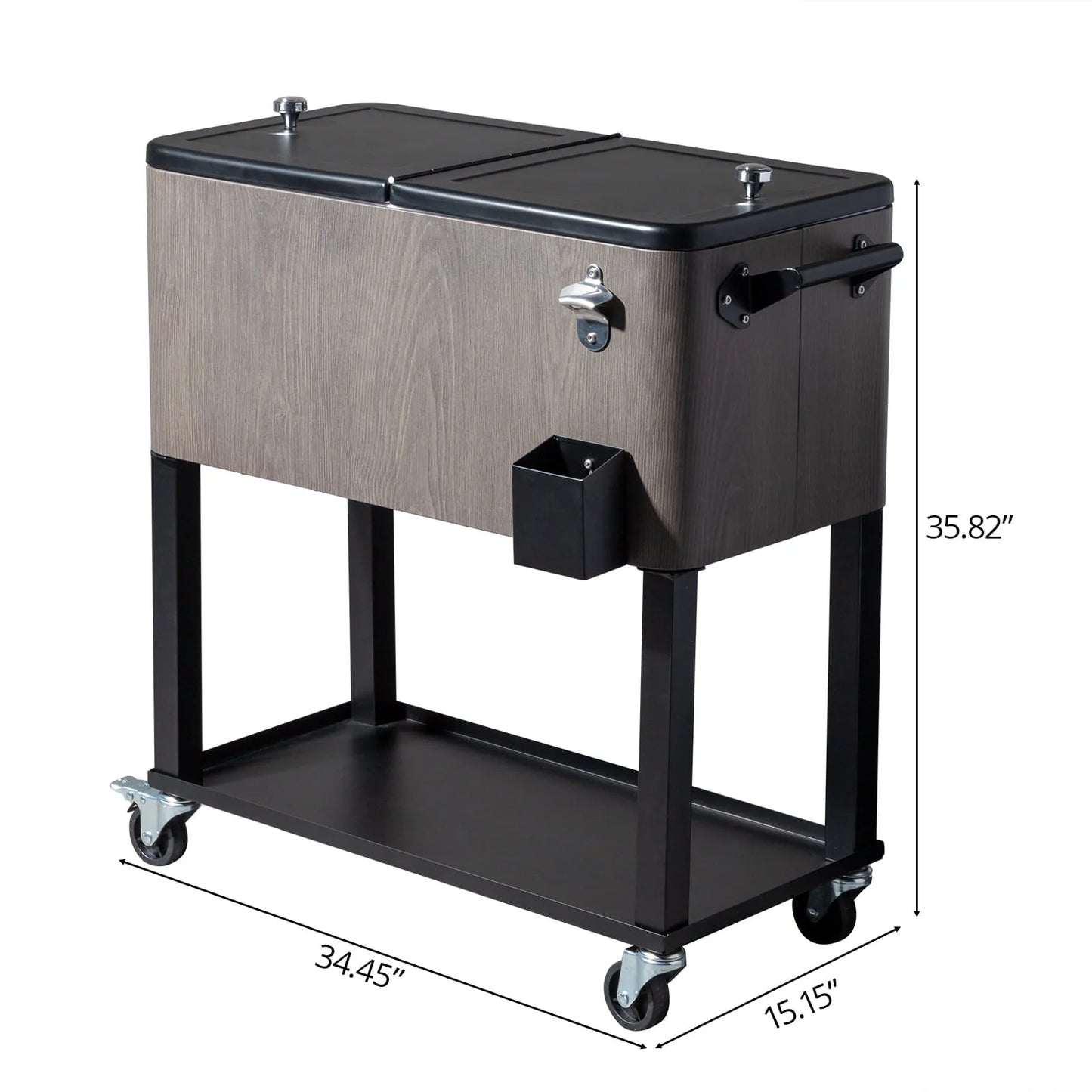 OverPatio 80QT Cooler Cart Rolling Function with Shelf Wood Grain Accent Ice Chest Gray