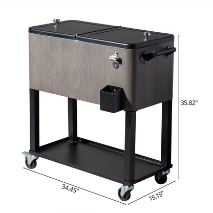 OverPatio 80QT Cooler Cart Rolling Function with Shelf Wood Grain Accent Ice Chest Gray