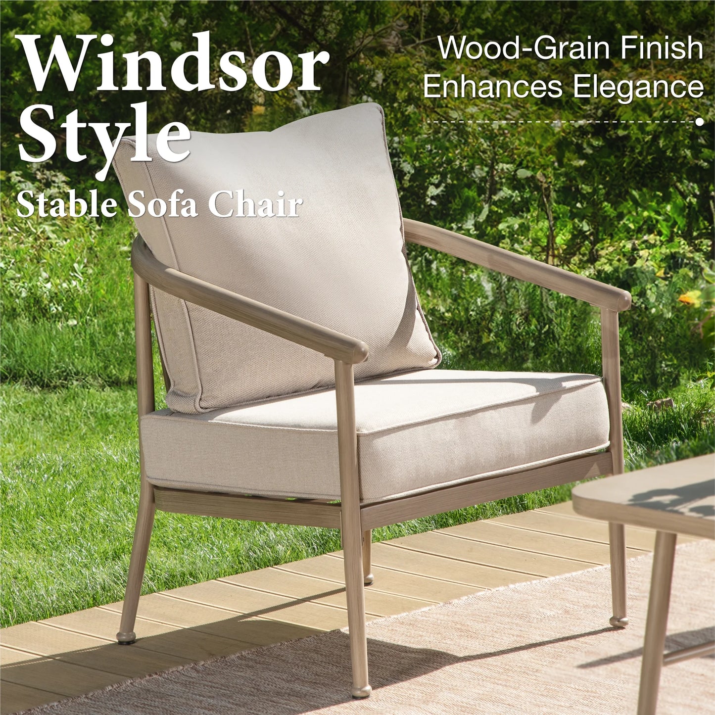MF Studio 4-Piece Windsor Style Outdoor Patio Furniture Set, Farmhouse Wood-Grain Metal Outdoor Patio Conversation Set for 5 People, Beige