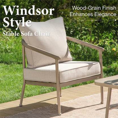 MF Studio 4-Piece Windsor Style Outdoor Patio Furniture Set, Farmhouse Wood-Grain Metal Outdoor Patio Conversation Set for 5 People, Beige
