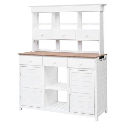 Rustic 65.7'' Tall Garden Potting Bench Table with Hutch, 3 Shelves, 6 Drawers, 2 Cabinets & 3 Side Hooks for Mudroom, Patio, 3 Color
