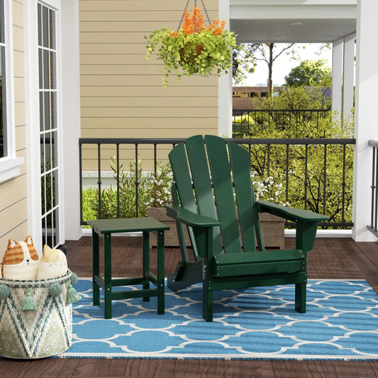 WestinTrends Malibu 2-Pieces Adirondack Chair Set with Side Table, All Weather Outdoor Seating Plastic Patio Lawn Chair Folding for Outside Porch Deck Backyard, Dark Green