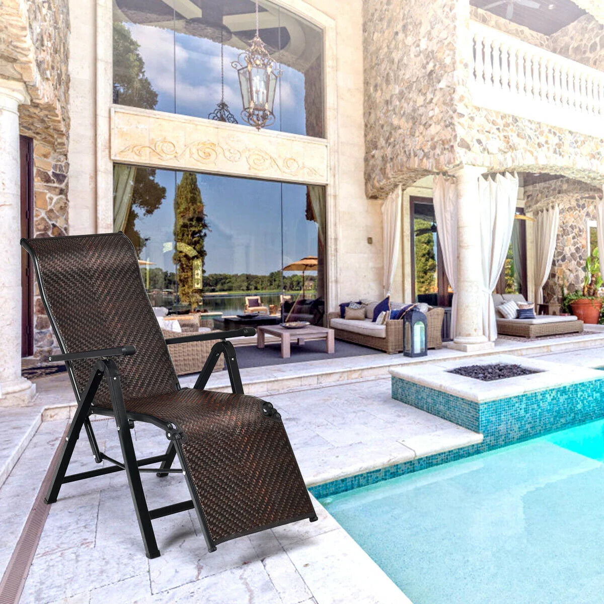 Gymax 2PCS Patio Rattan Folding Lounge Chair Recliner Back Adjustable Beach Yard Pool