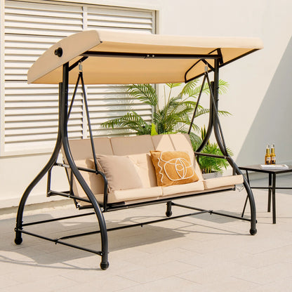 Gymax 3-Seat Outdoor Converting Patio Swing Glider Adjustable Canopy Porch Swing Beige