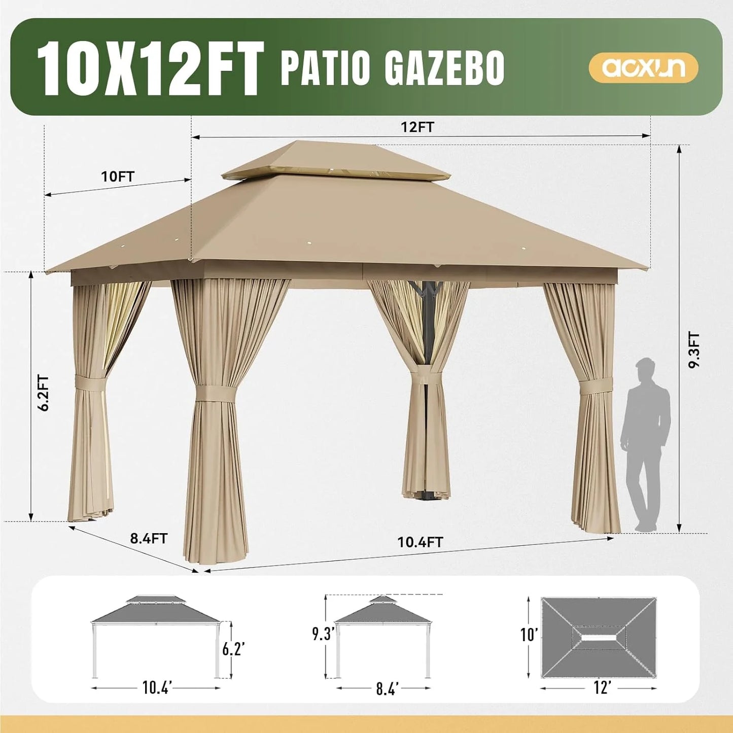 AOXUN Outdoor Gazebo for Patio 10x12, Metal Frame Canopy with Double Roofs, Heavy Duty Party Tent and Shelter with Mosquito Netting and Privacy Screen for Backyard, Lawn, Garden,Deck (Beige)