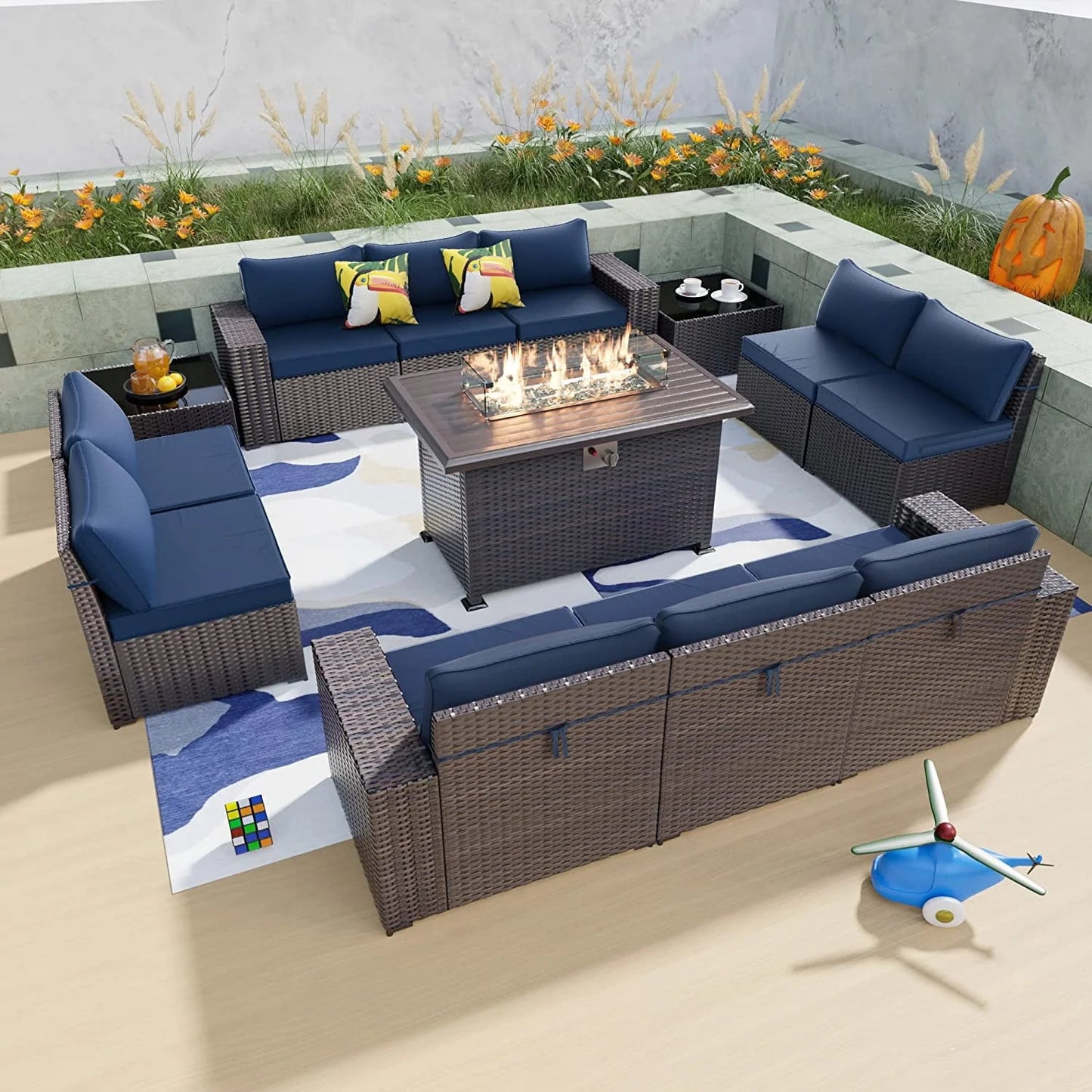 Gotland 13 Pieces Outdoor Patio Rattan Wicker Furniture Set with 43" Fire Pit Table Set Outdoor Steel