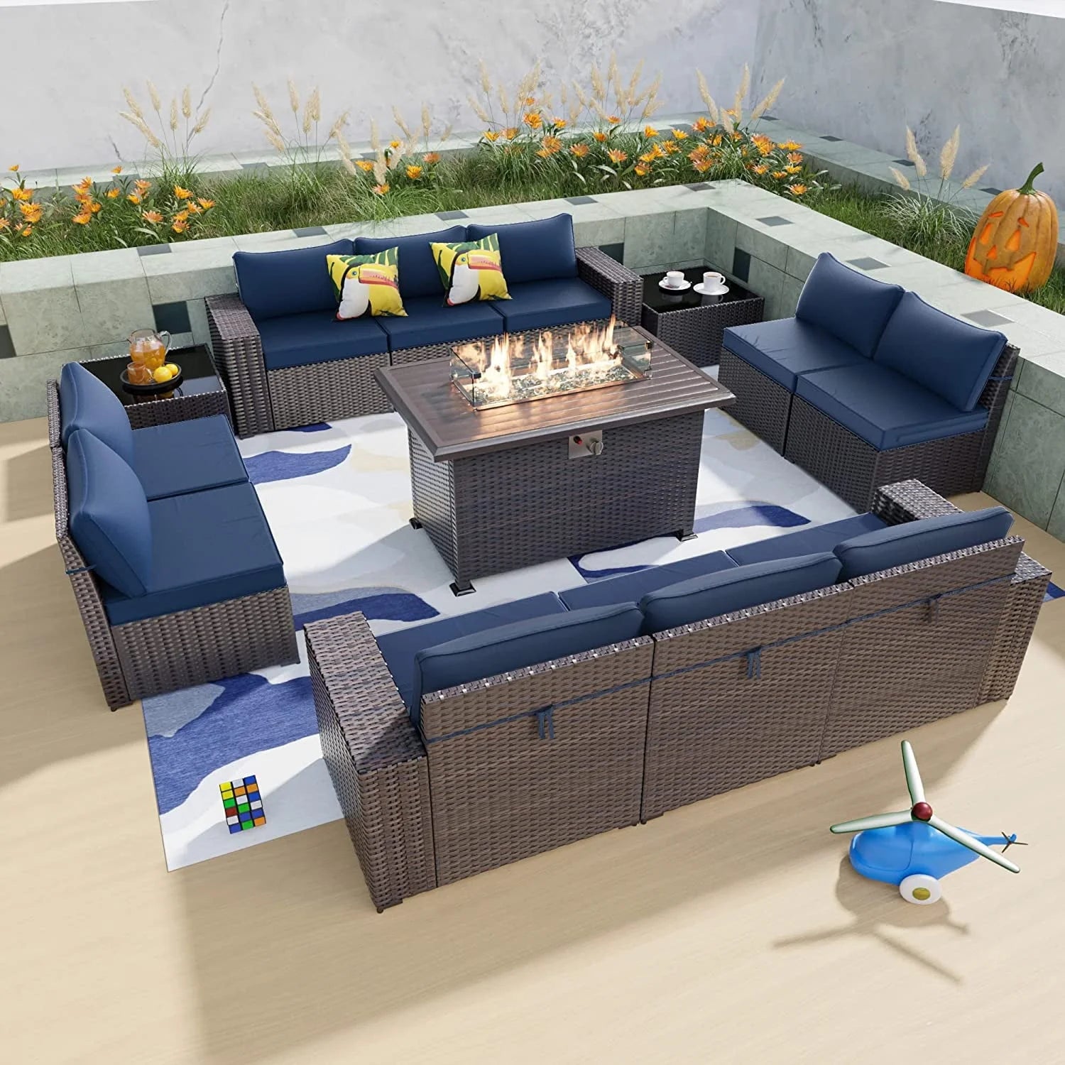 Gotland 13 Pieces Outdoor Patio Rattan Wicker Furniture Set with 43" Fire Pit Table Set Outdoor Steel