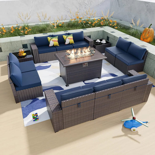 Gotland 13 Pieces Outdoor Patio Rattan Wicker Furniture Set with 43" Fire Pit Table Set Outdoor Steel