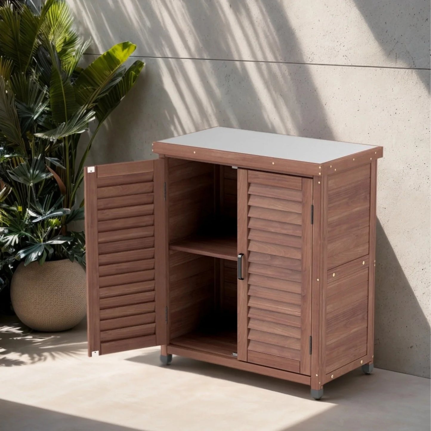 Funnil Outdoor Wooden Storage Cabinet & Potting Bench Table, Weather-Resistant Wooden Patio Furniture, Garden Workstation