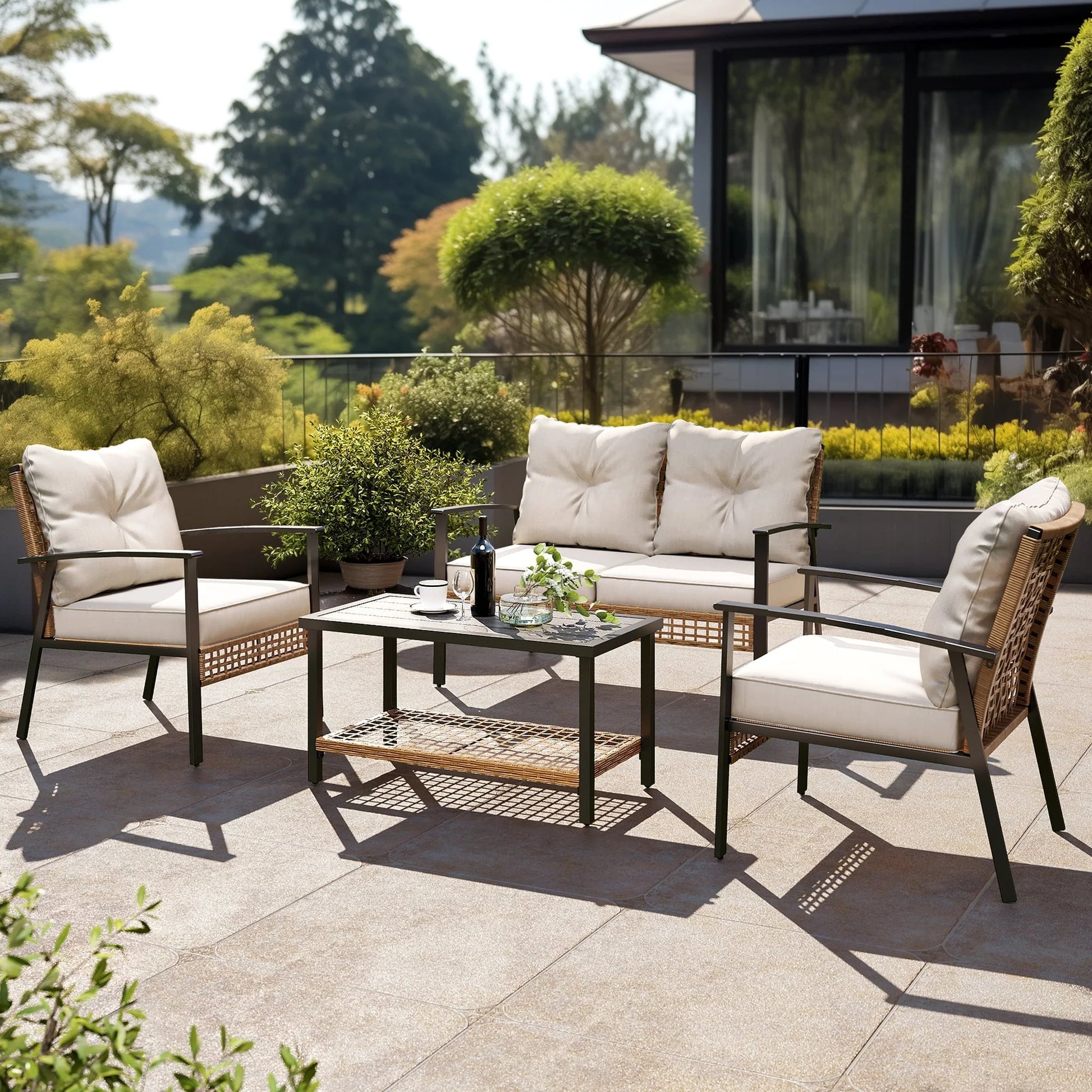 LAUSAINT HOME 4 Pieces Outdoor Patio Conversation Set with Cushions and 2-Tiers Storage Metal Coffee Table