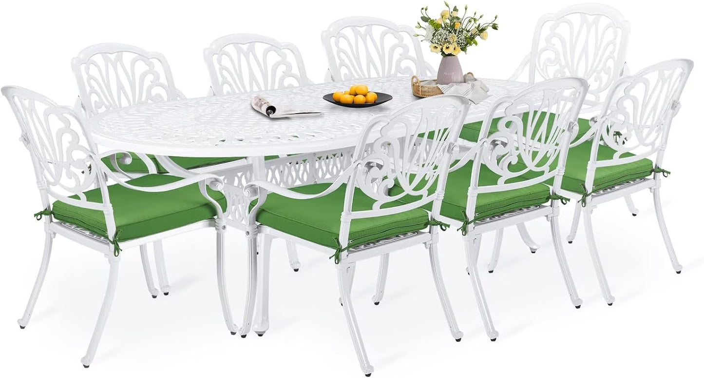 9-Piece Patio Dining Set, Outdoor Patio Table and Chair Set of 84? Oval Cast Aluminum Dining Table with Umbrella Hole and 8 Outdoor Dining Cushion Chairs, Patio Funiture Set for Garden, Navy