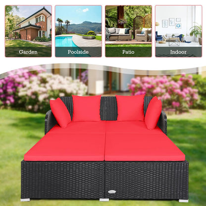 Giantex Rattan Daybed Patio Loveseat Sofa Set , Wicker Patio Furniture w/Padded Cushion & and Sturdy Foot, Red