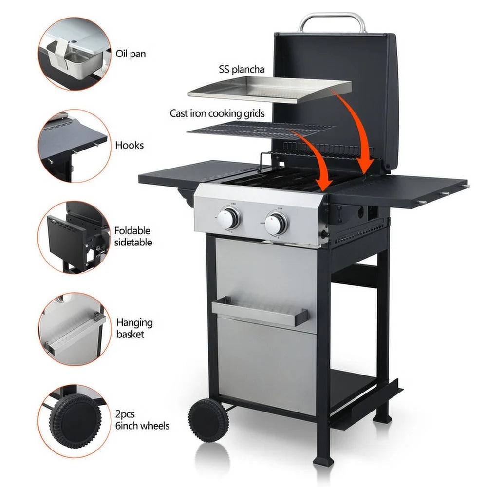 Yardmaster 24600 BTU Propane Gas Grill, 2-Burner BBQ Grill with Side Tables, Wire Enamel Cooking Grids, for Patio, Pool, Yard, Picnic and outdoor Barbecue